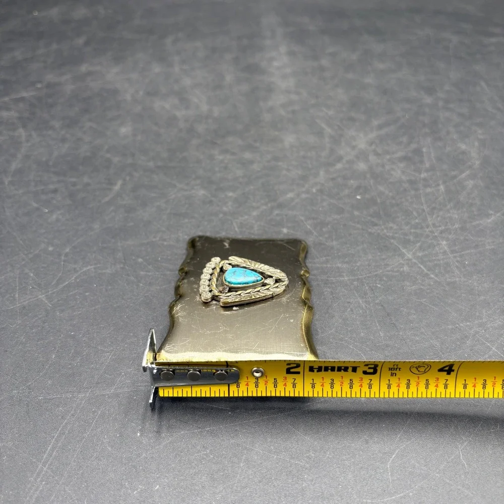 Vtg Native American Theme Belt Buckle Faux Turquoise Scalloped Edge Southwestern